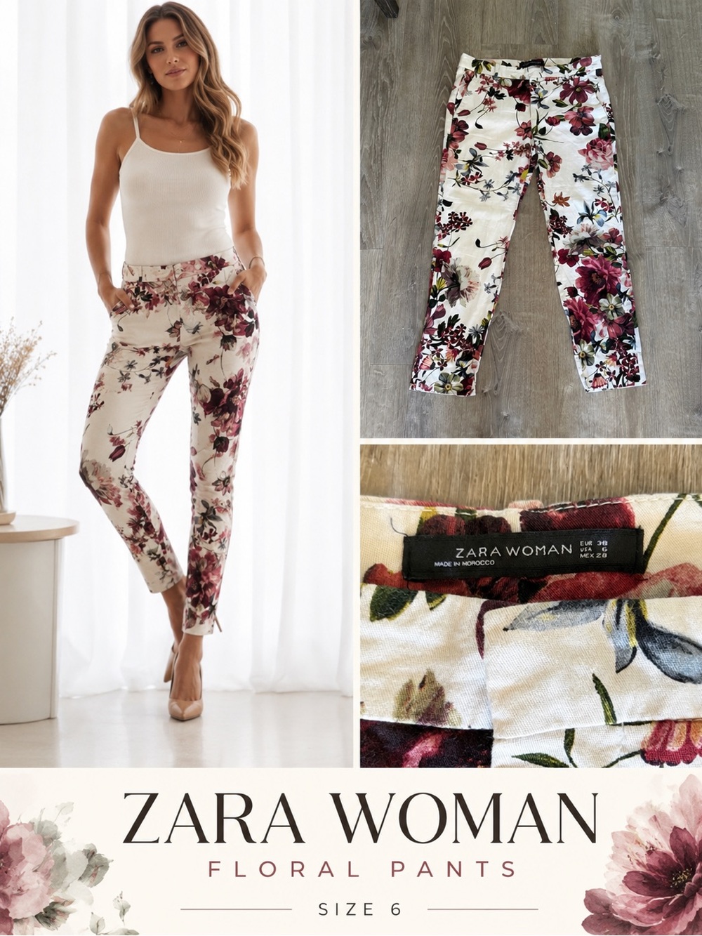 Zara Woman Floral Skinny Pants – Romantic Cottagecore Statement Print Size 6  🌺